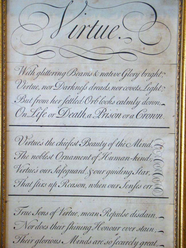 An 18th century engraving entitled VIRTUE taken from George Bickham's "The Universal Penman" published in london in 1741